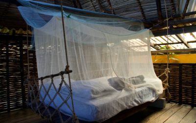 A mosquito net covered bed in a jungle bungalow in Yelapa, Jalisco, Mexico.